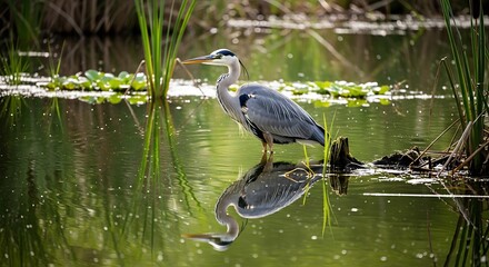 Great Blue Heron Standing in Pond with Reflection