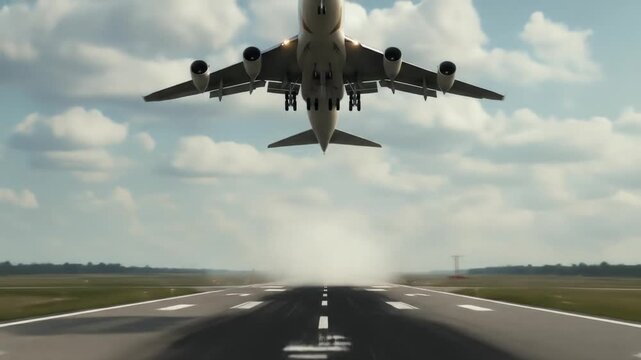 Large Passenger Airplane Taking Off from Runway with Landing Gear Extended