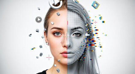 One Half of Face is Real, Other is Digital Wireframe Mask with Glitch Effects and Interface Elements 