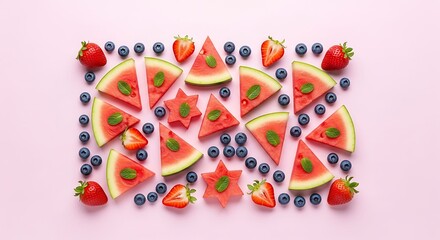 Obraz premium Vibrant arrangement of watermelon slices strawberries and blueberries on soft pink backdrop
