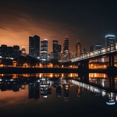 Obraz premium Urban skyline glowing under night sky with reflections and long exposure blur. Great for business, tech, travel, or cinematic themes.