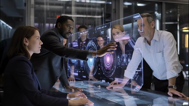 Professional business team analyzing holographic data projection on interactive glass surface, showcasing collaborative innovation in modern corporate workspace with city skyscraper background