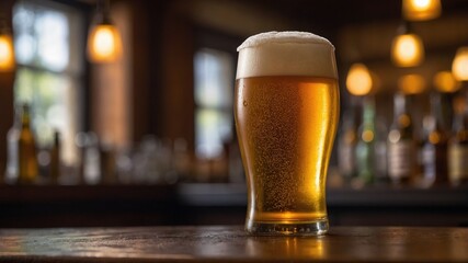 Vaso de cerveza pilsner con espuma cremosa en un entorno de pub cl&aacute;sico, ideal para men&uacute;s de bebidas y publicidad de cervecer&iacute;as.