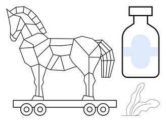 Geometric Trojan horse on wheels near a medicine bottle and abstract leaves. Ideal for cybersecurity, strategy, health, deception, innovation, caution, hacking concepts and simple flat metaphor