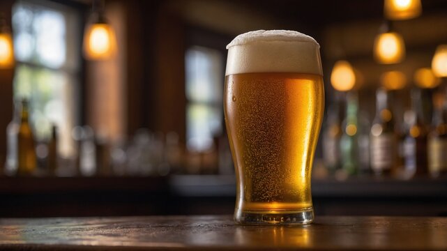 Vaso de cerveza pilsner con espuma cremosa en un entorno de pub cl&aacute;sico, ideal para men&uacute;s de bebidas y publicidad de cervecer&iacute;as.