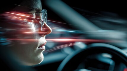 Driver's tired face illuminated by dashboard warning light and activated fatigue detection system inside car, emphasizing automotive safety technology and real time driver alertness monitoring.