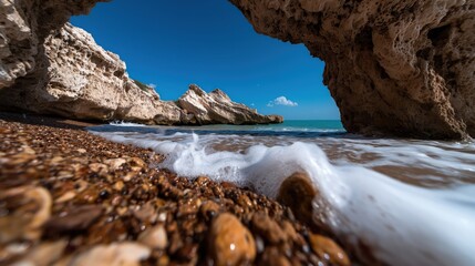 Dramatic natural rock archway on a pebbled beach with ocean and sky