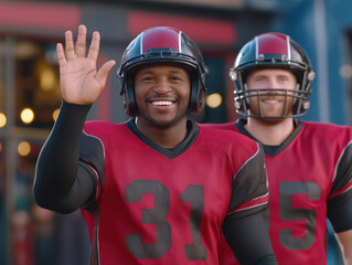 African American football player in red jersey waves cheerfully while standing beside teammate in a sports field, showcasing camaraderie and team spirit in an outdoor setting