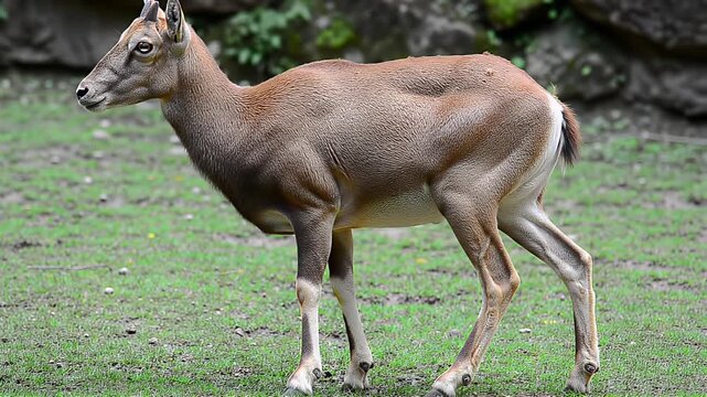 Graceful Wild Sheep Standing on Lush Green Grass in a Natural Enclosure with Rocky Background
