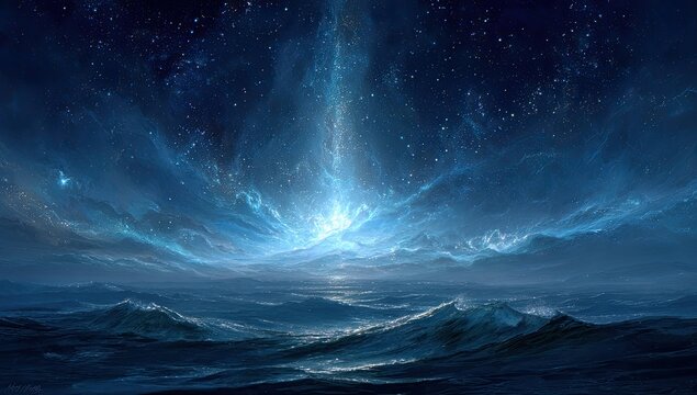 Vast cosmic landscape.  A luminous celestial column ascends amidst a dark, starry expanse, over a rippling sea of deep blue.  Misty, mountainous terrain stretches into the inky night