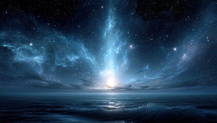 Cosmic dawn over a serene sea.  A celestial spectacle of swirling nebulae and stars above a calm ocean