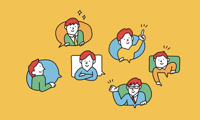 吹き出し　指差しなどのポーズする様々な世代の男性たちのイラストアイコン