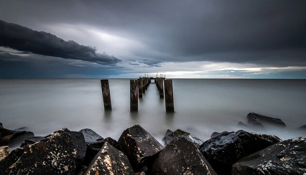Pier extending into a stormy sea