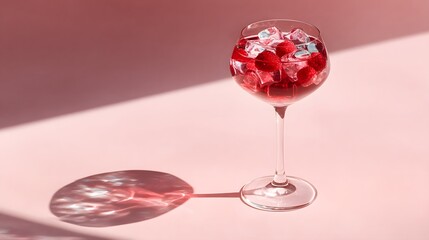 Raspberry beverage in a stemmed glass with ice.