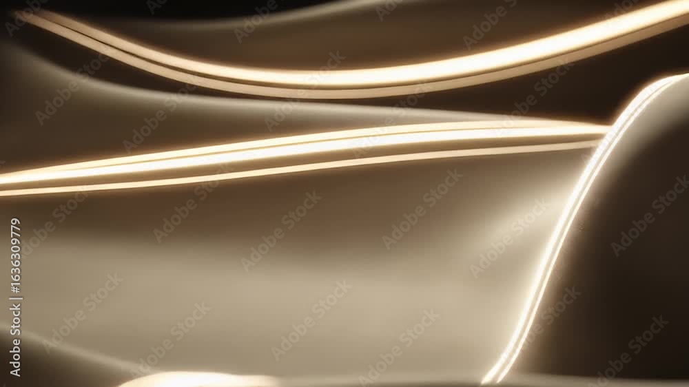 Poster fluid beige abstract background with glowing gold lines: smooth waves and gentle curves create a ser