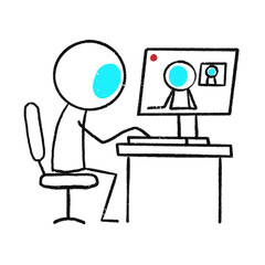 Minimalist stick figure at a desk on a video call, with their screen showing another smaller video call window in a recursive loop. Simple, funny concept art in clean outline style.