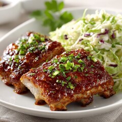 Delicious BBQ Ribs with Coleslaw on White Plate, Close Up View