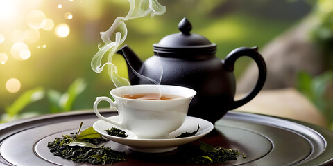 A steaming cup of tea with a black teapot on a tray surrounded by green leaves in a garden setting