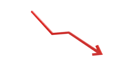 Simple red line graph going downward with arrow tip, isolated on white background.