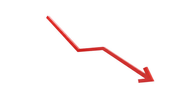 Simple red line graph going downward with arrow tip, isolated on white background.