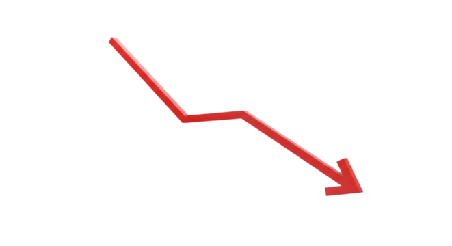 Simple red line graph going downward with arrow tip, isolated on white background.