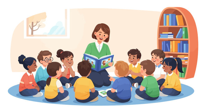 A dedicated female teacher reading a captivating storybook to a diverse group of young children sitting in a circle during class - Powered by Adobe