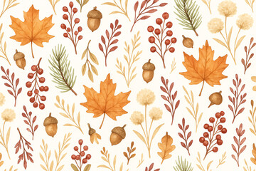 Seamless watercolor pattern of autumn botanicals with maple leaves, acorns, berries, pine branches and dried flowers on white background
