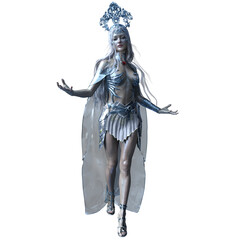 3D rendered fantasy female character wearing silver armor with an ornate headpiece, isolated on transparent background