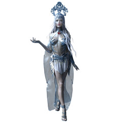 3D rendered fantasy female character wearing silver armor with an ornate headpiece, isolated on transparent background