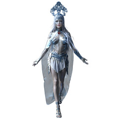 3D rendered fantasy female character wearing silver armor with an ornate headpiece, isolated on transparent background
