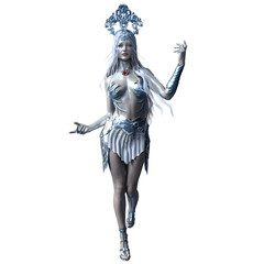 3D rendered fantasy female character wearing silver armor with an ornate headpiece, isolated on transparent background