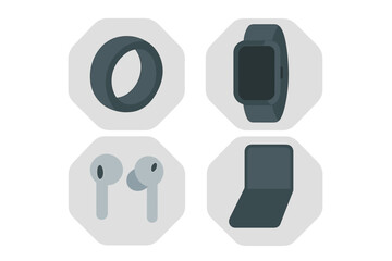 Fototapeta premium Electronics gadgets including smart ring, smartwatch, earbuds, and phone case displayed in modern design