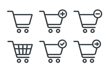 Collection of shopping cart icons illustrating various actions and statuses in a digital retail environment