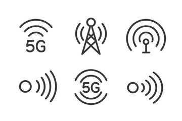 5G technology icons representing network signals, towers, and connectivity systems for modern communication infrastructure