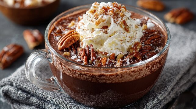 Delicious Hot Chocolate with Whipped Cream and Pecans in Glass Mug