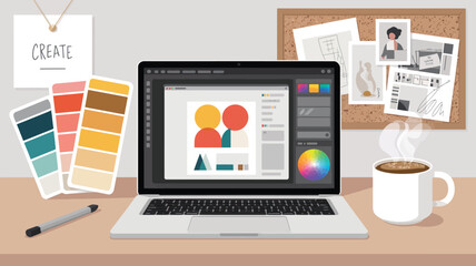 Creative workspace with laptop running design software, color palette, coffee, and corkboard, symbolizing artistic focus and digital creativity