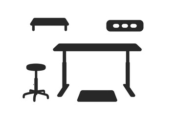 Modern furniture design showcasing a standing desk, stool, and accessories for a functional workspace setup