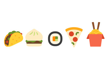 Popular street foods from around the world showcased in a colorful arrangement depicting various cuisines