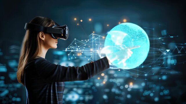 Individual uses a virtual reality headset, exploring a digital environment filled with dynamic visuals and advanced interactivity
