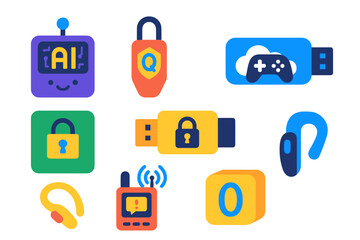 Various colorful digital security and technology icons including locks, headsets, and USB drives displayed on a simple background