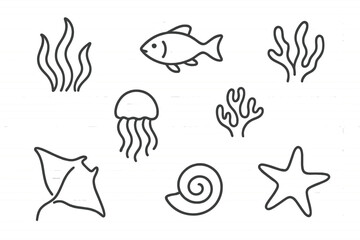 Underwater life illustrations featuring fish, jellyfish, and various sea creatures in a simple design style