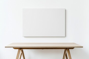Front view of a blank canvas on a wall above a simple wooden table, against a white background, in a minimalist style