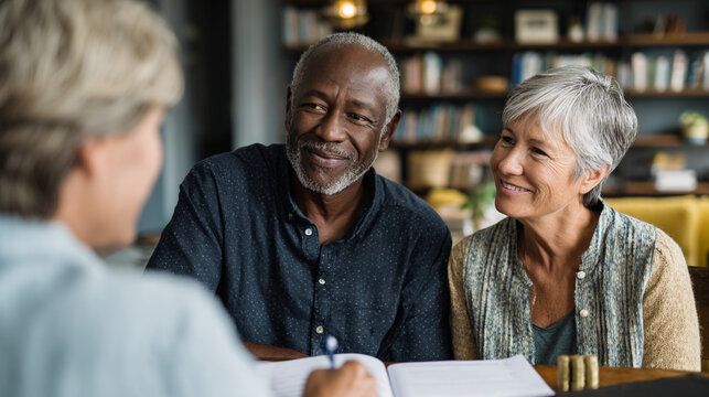 Mature couple meeting with financial advisor at home with bookshelves behind them