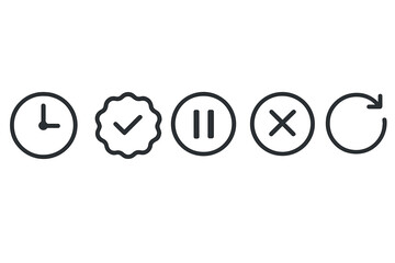 Different symbols for time management and actions such as clock, check mark, pause, cross, and refresh icons displayed together