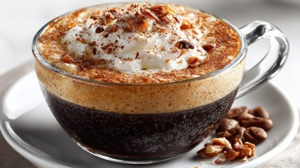 Delicious coffee drink with whipped cream and nuts in a glass cup