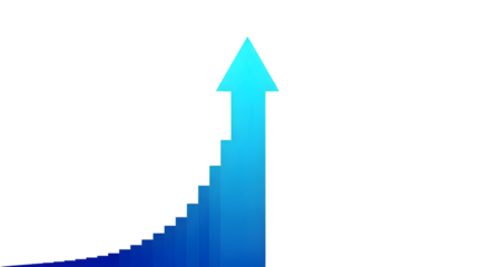 Simple blue line graph going upward with arrow tip, isolated on white background.