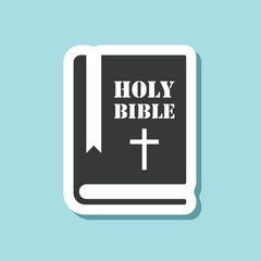 Holy bible sticker icon in flat style. Christianity book vector illustration on isolated background. Religion sign business concept.