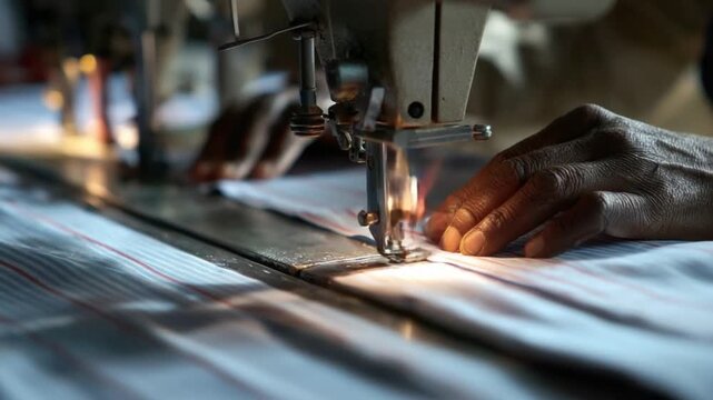 Sewing Machine at Work: A detailed shot of hands guiding fabric through an industrial sewing machine, showcasing the intricate process of garment creation in a bright workspace. 