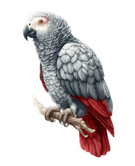 Obraz premium African grey parrot perched on a branch isolated on transparent background, showcasing its grey plumage with red tail feathers