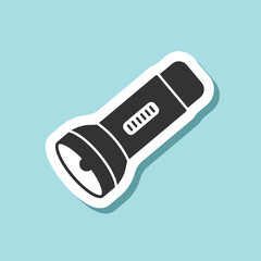 Flashlight sticker icon in flat style. Electric lamp vector illustration on isolated background. Pocket lantern sign business concept.